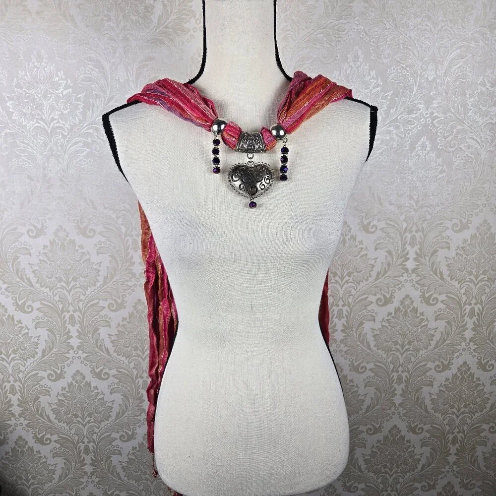 Pink Orange Striped Infiniti Style Versatile Scarf Silver/Purple Beaded Jewelry
